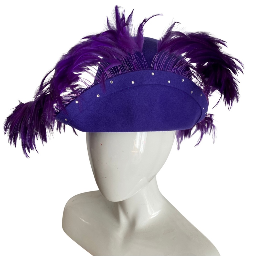 vintage Jack McConnell purple wool rhinestone feather hat 60s Rare
